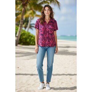 Basic Editions Womens Pink & Purple Tropical Print Button-Up Shirt Short Sleeves